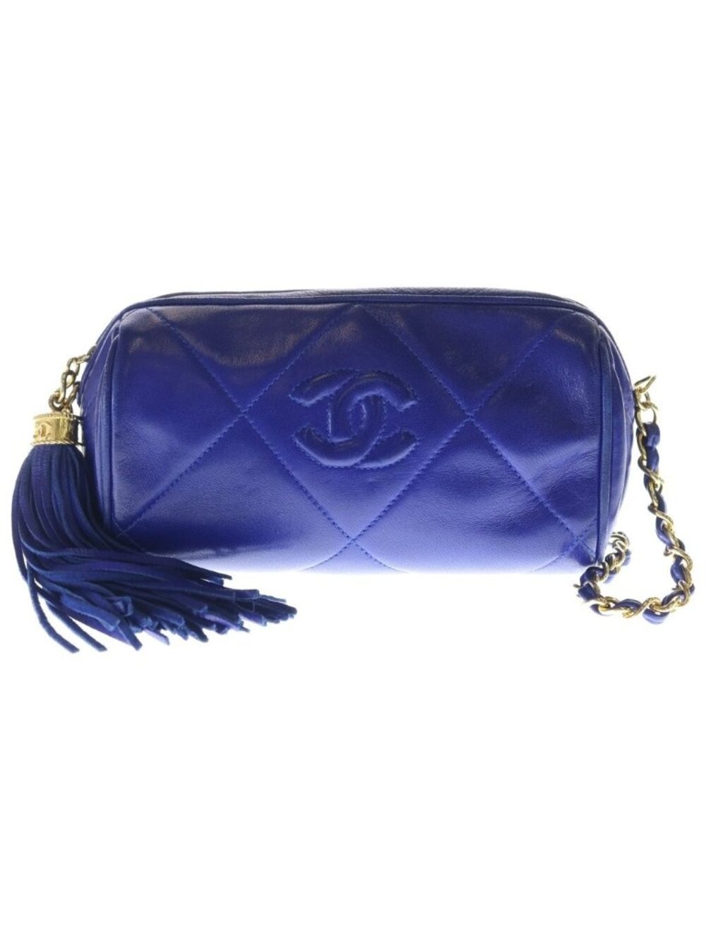 Chanel Quilted Fringe Charm Tassel Mini Chain Shoulder Bag Blue Leather Gold
